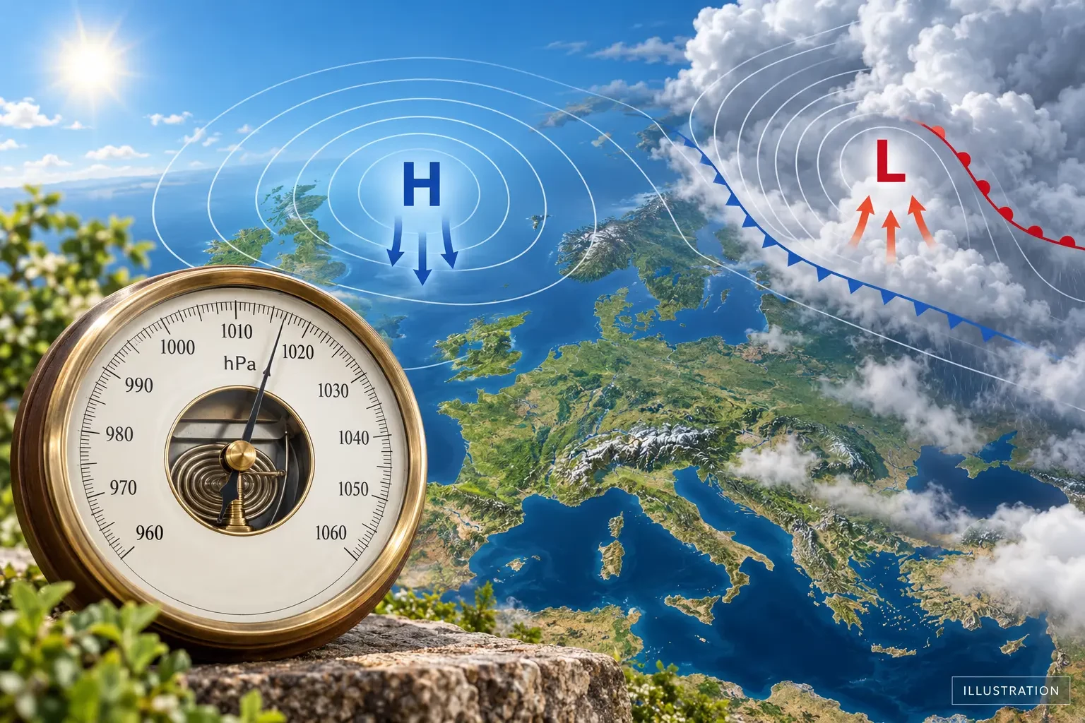 Illustrazione di un barometro in hPa con isobare e aree di alta e bassa pressione sull’Europa
