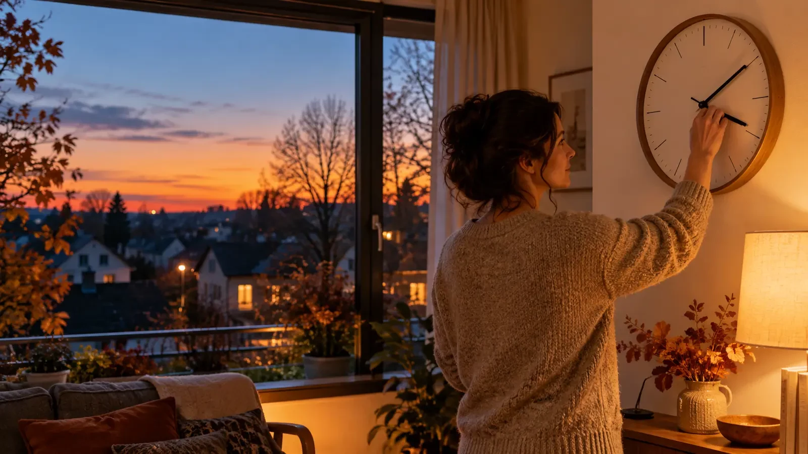 Person stellt bei Sonnenuntergang die Uhr zur Herbstzeitumstellung zurück