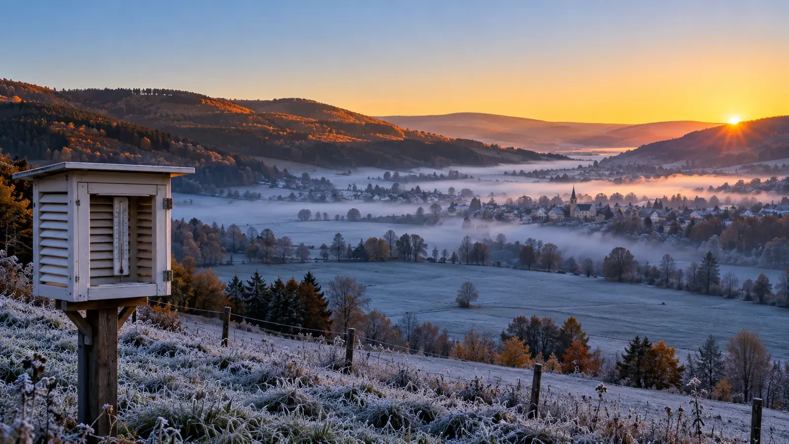 Cold frosty valley shortly after sunrise