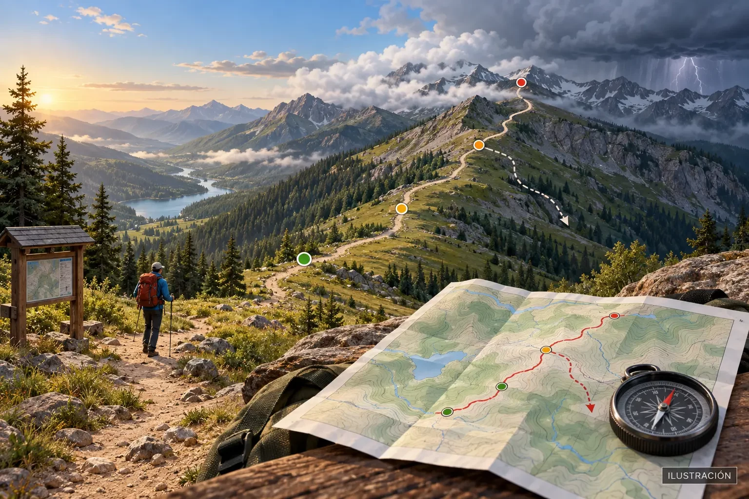 Illustration d’un itinéraire de montagne planifié avec carte, points de décision et météo changeante au sommet