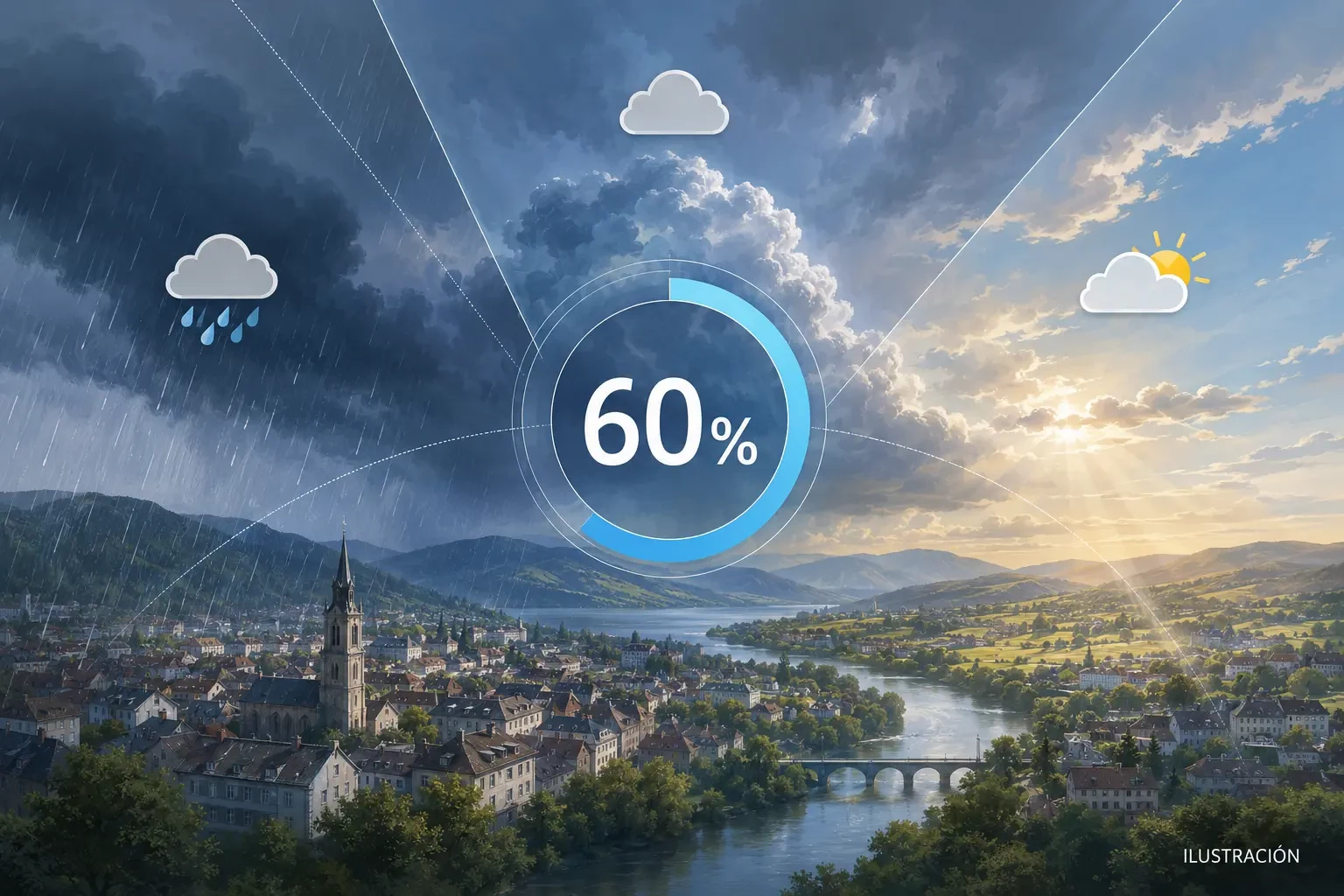 Educatieve illustratie van 60% regenkans boven een Europees landschap met natte en droge zones