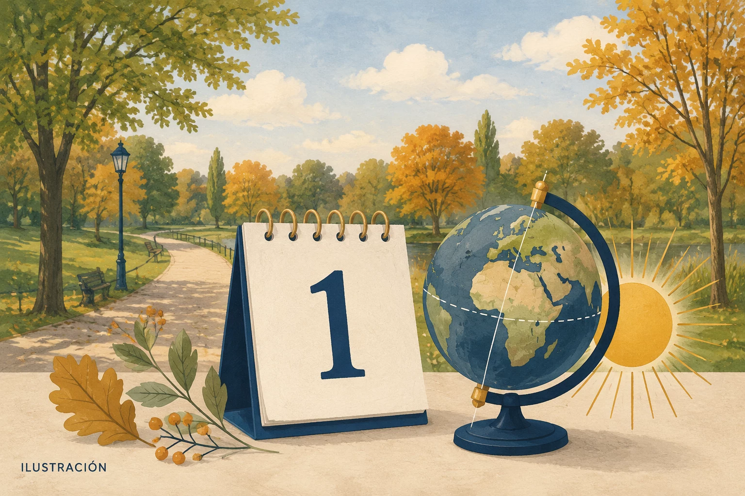 Ilustración de un calendario con el número uno y un globo terráqueo en un parque otoñal.