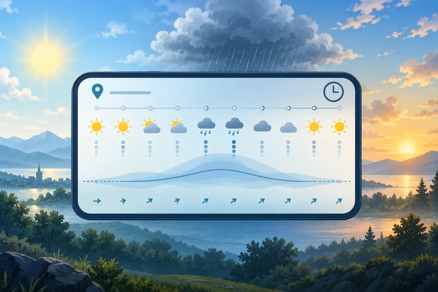 Illustration einer stündlichen Wettervorhersage mit Sonne, Wolken, Regen, Wind und Unsicherheitsbereich
