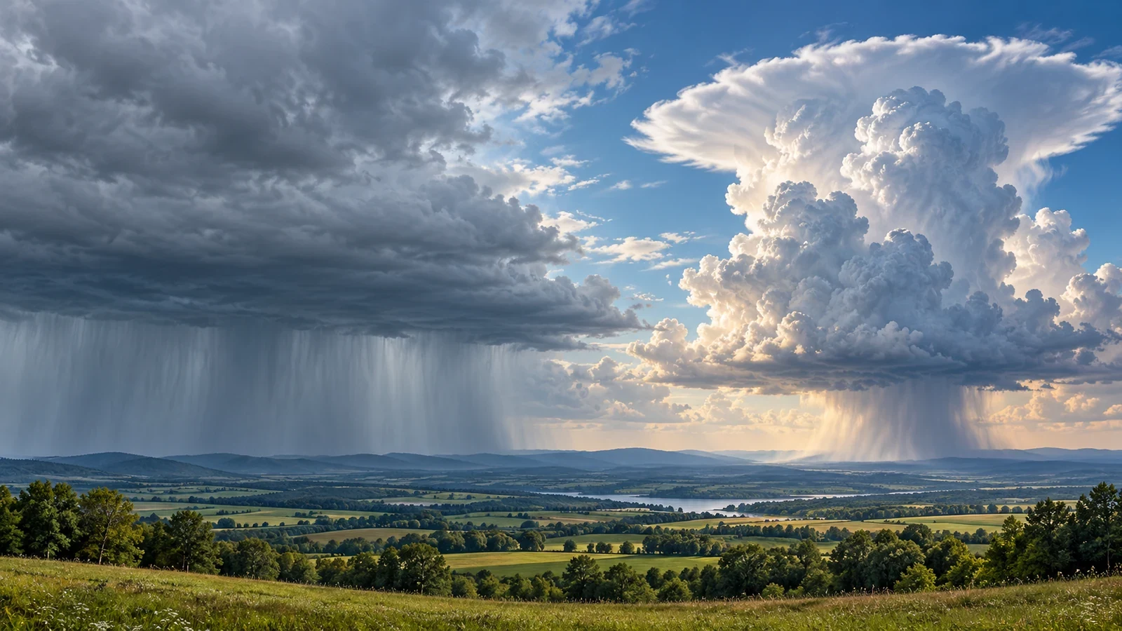 Nimbostratus mit Dauerregen und Cumulonimbus mit einem örtlichen Schauer