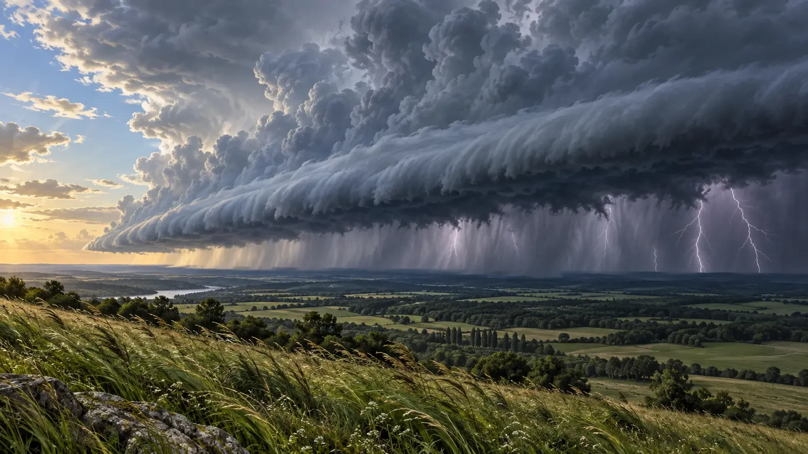 Ilustración de una línea de turbonada con nube en arcus, lluvia intensa y viento
