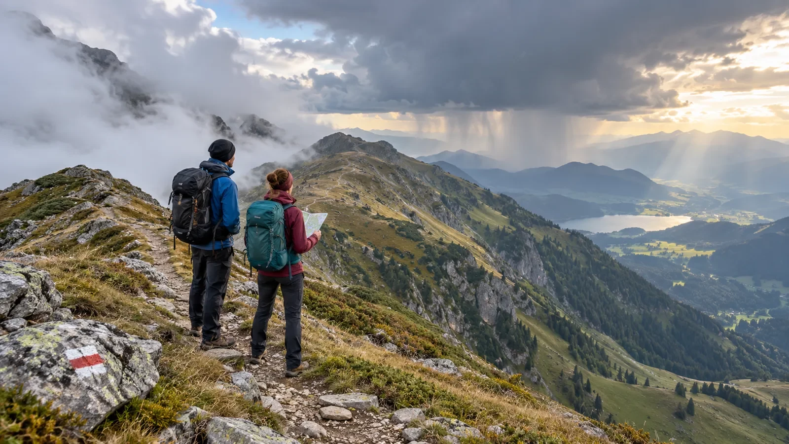Twee wandelaars bekijken snel veranderend weer op een bergpad