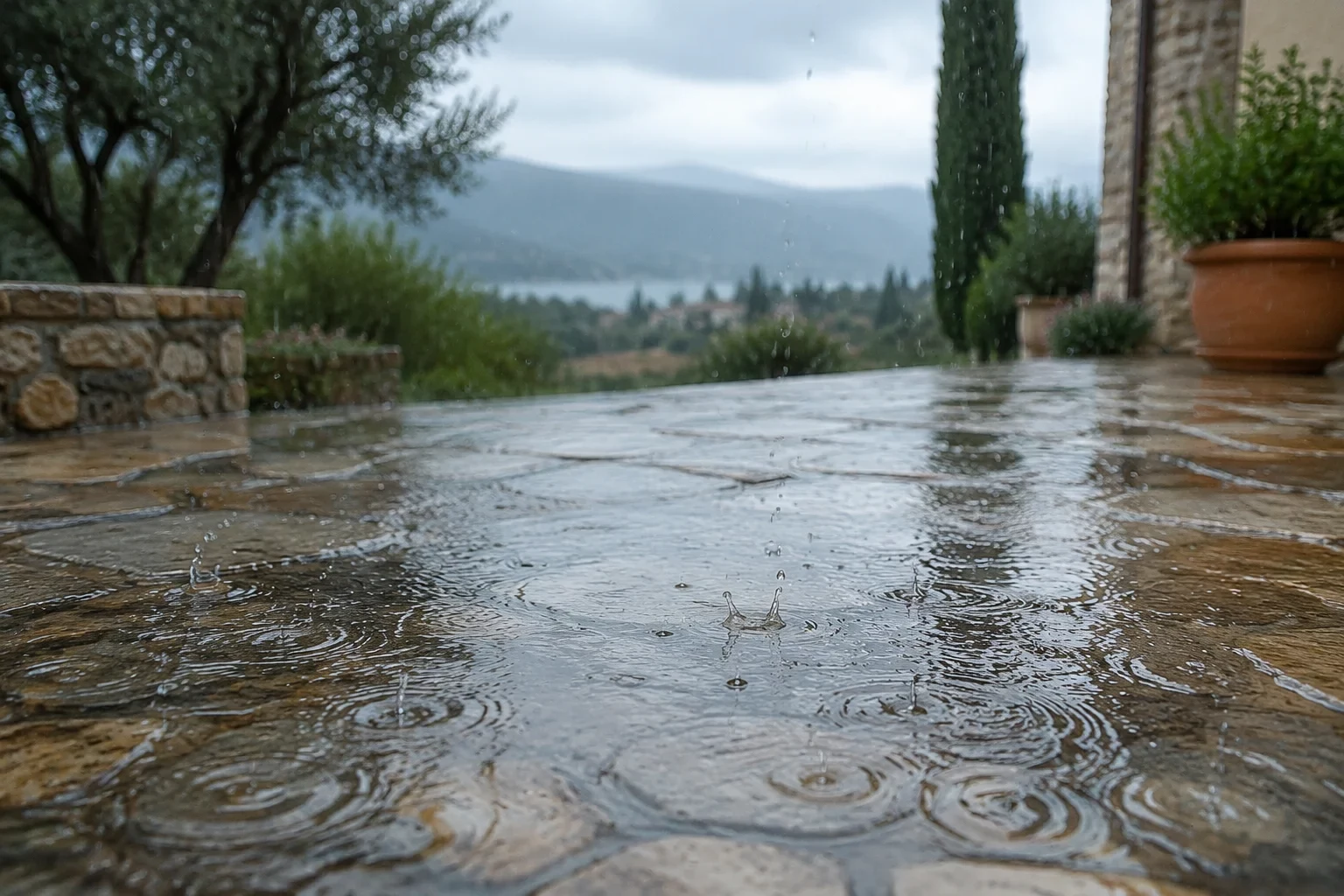 Illustration de gouttes de pluie formant des cercles dans une flaque.