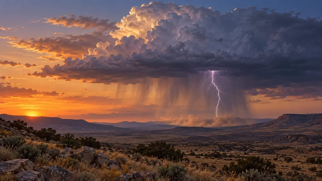 Hooggelegen droge onweersbui met bliksem en virga boven een droog landschap