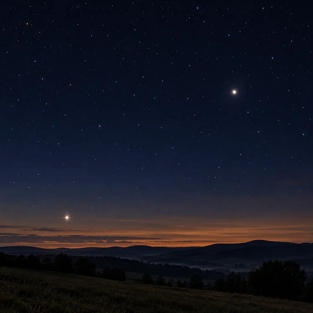 Flonkerende ster bij de horizon en rustige planeet aan een heldere nachtelijke hemel