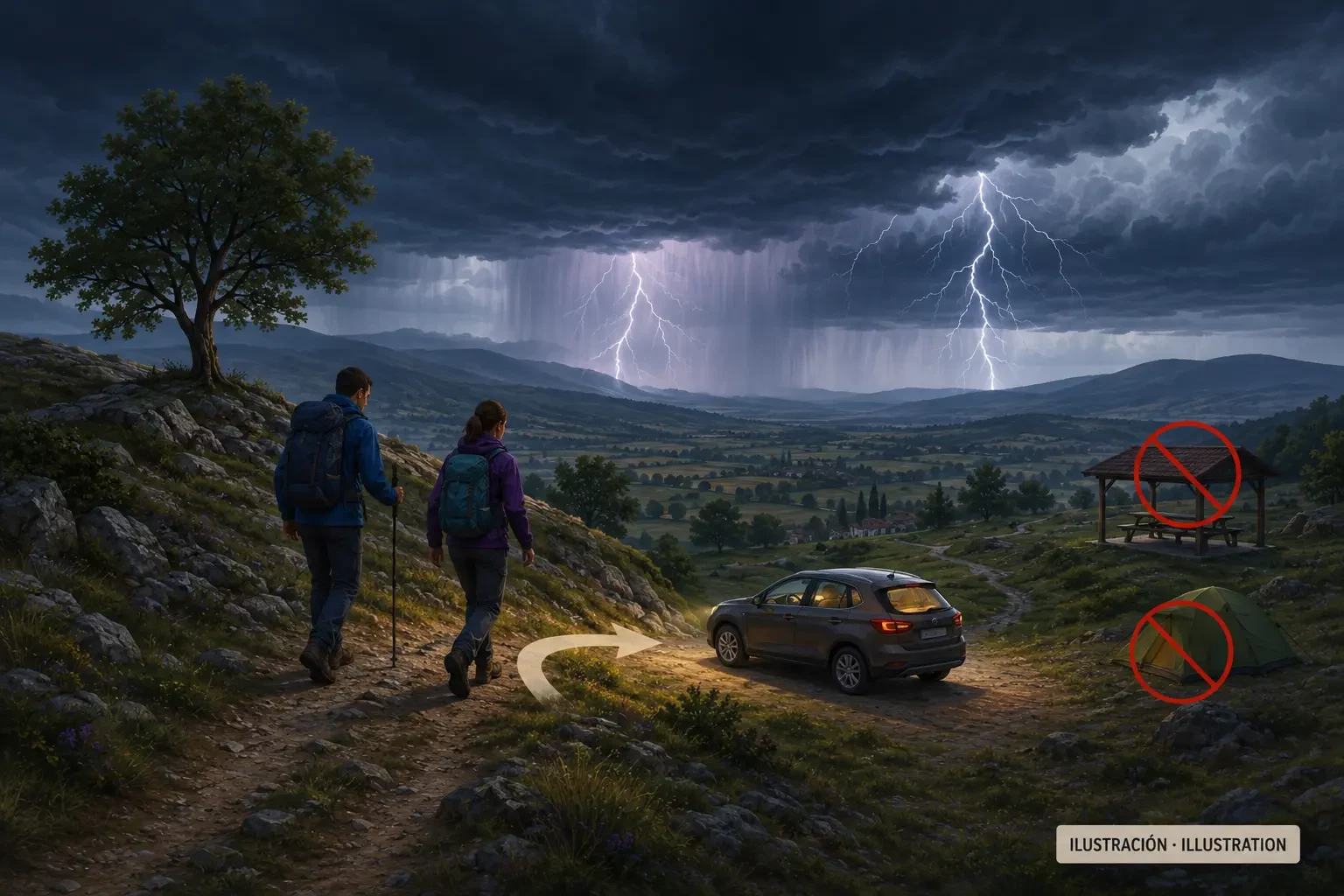 Illustrazione sulla sicurezza durante i temporali: due escursionisti raggiungono un veicolo chiuso ed evitano un albero isolato, una tenda e un riparo aperto.