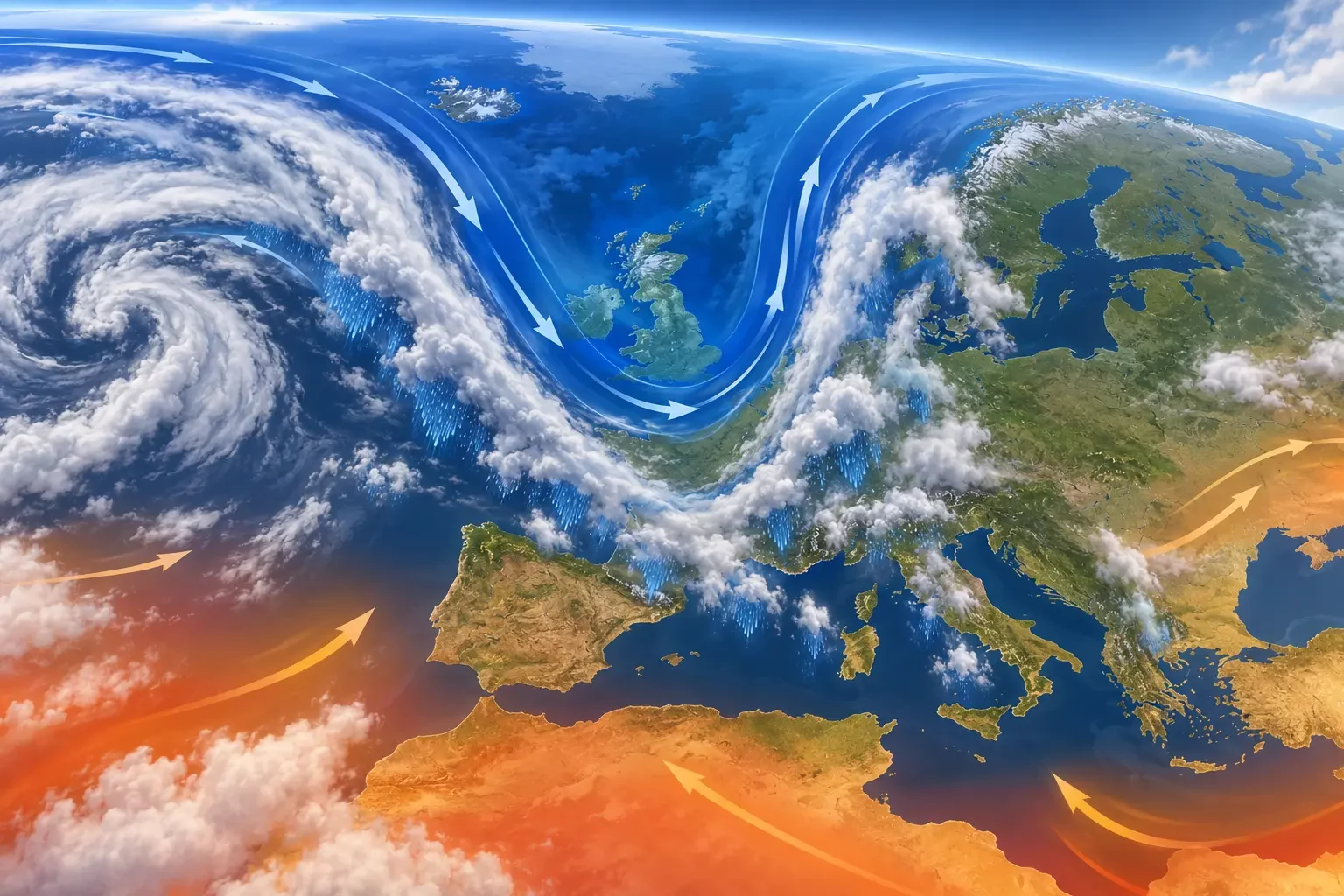 Illustratie van een hoogtetrog boven Europa met koude lucht, wolkenbanden en buien