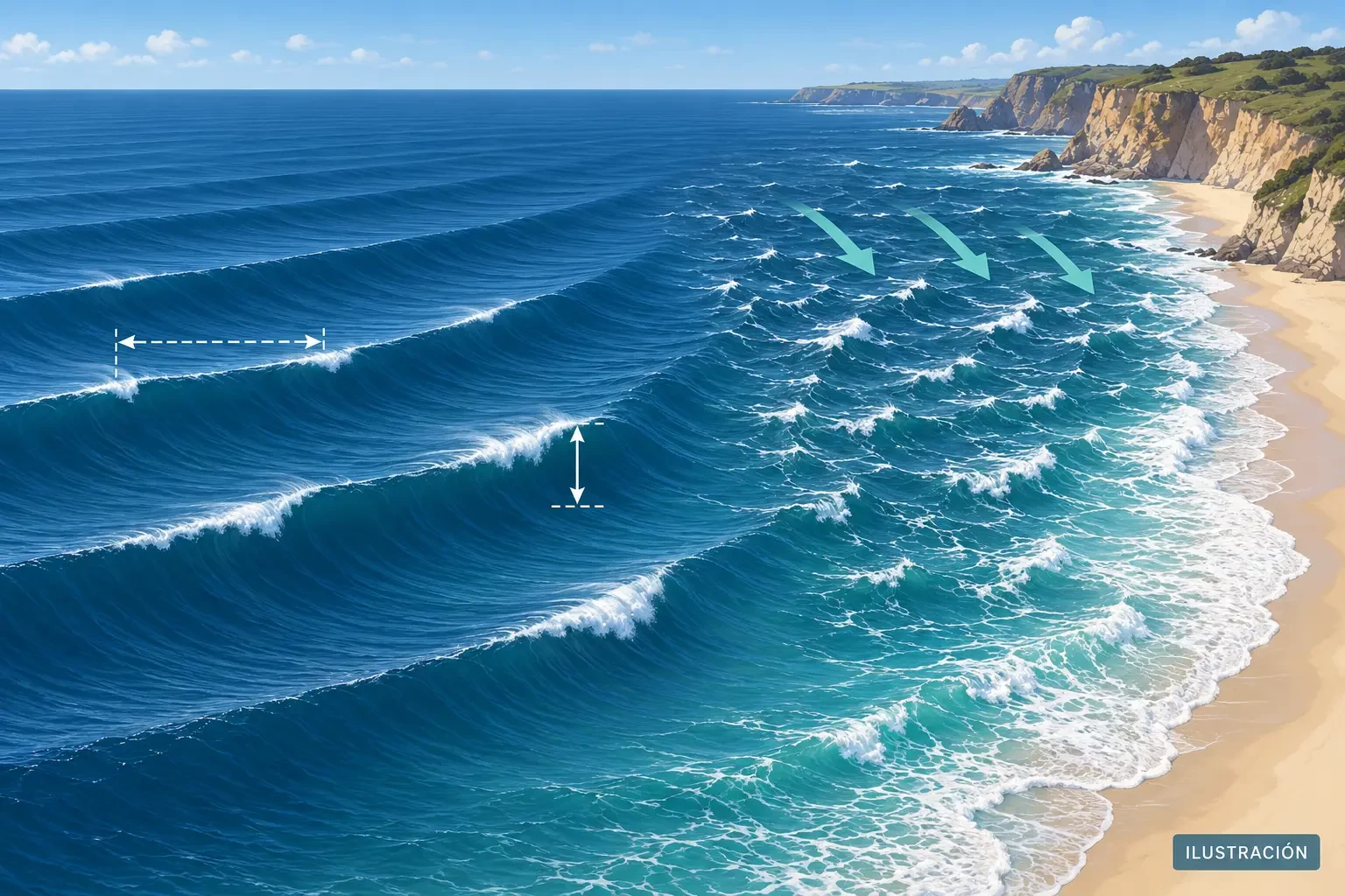 Ilustración explicativa de mar de fondo, mar de viento, altura y periodo de las olas frente a una costa