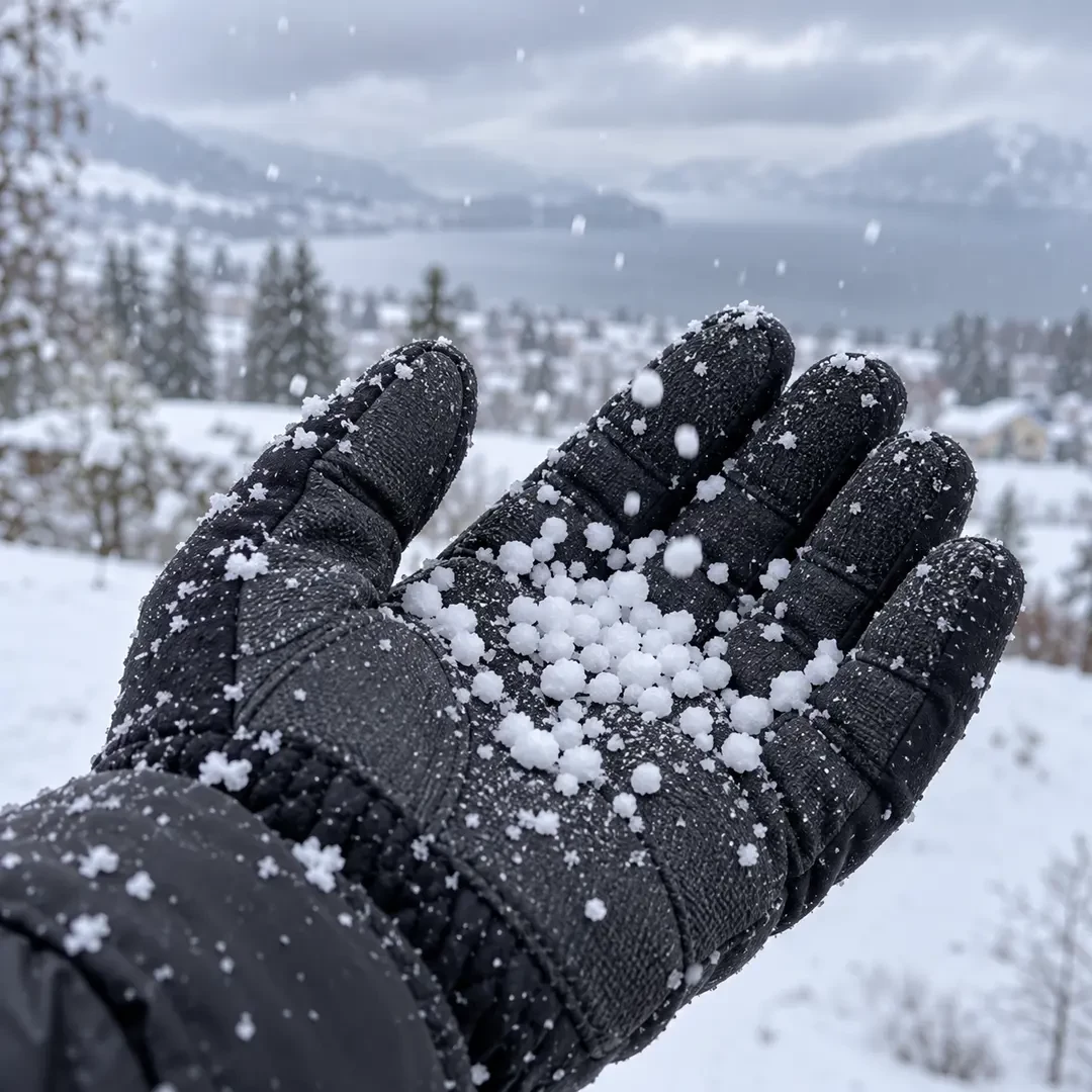 Neve tonda o graupel su un guanto durante un rovescio invernale