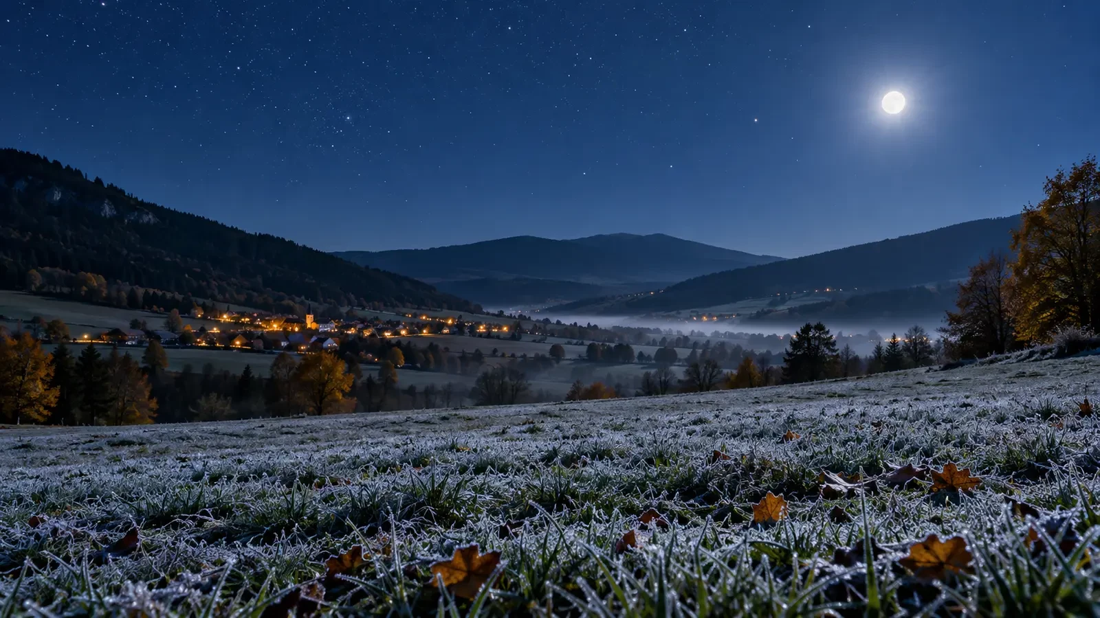 Vallée dégagée et calme avec du givre pendant une nuit froide