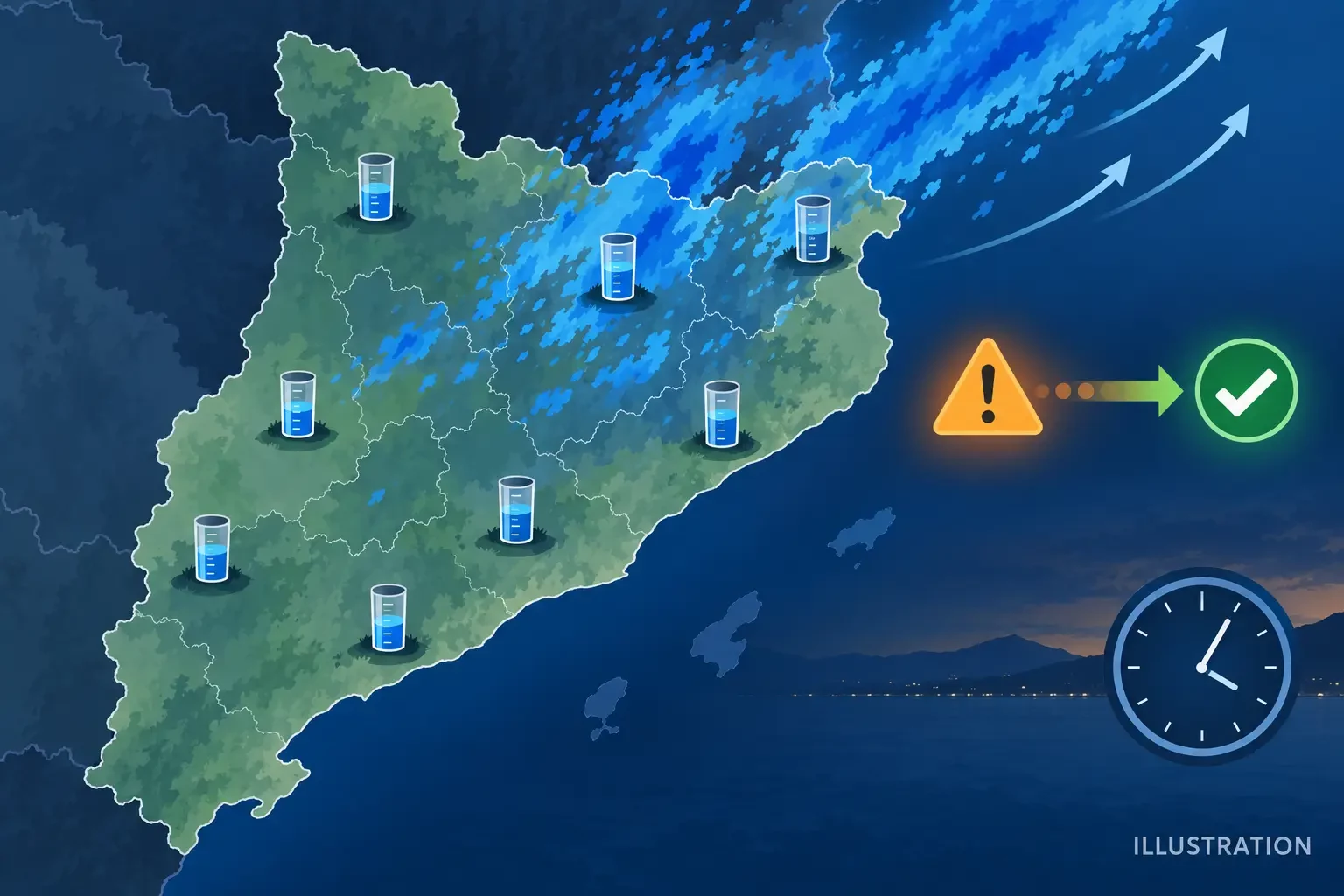 Ilustración del balance provisional de lluvias en Cataluña el 9 de septiembre de 2026, con pluviómetros y transición de alerta a seguimiento.
