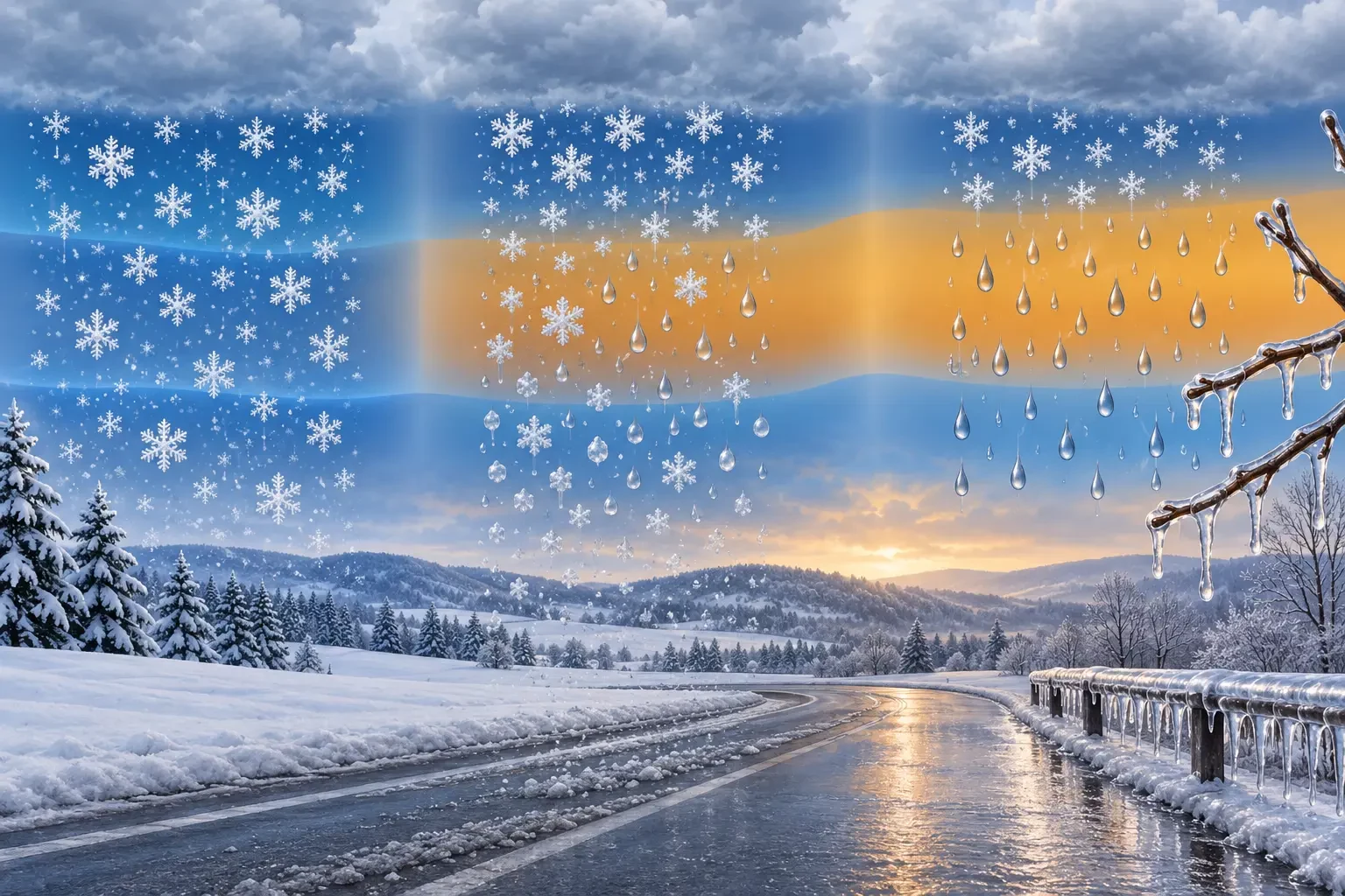Ilustración de nieve, aguanieve y lluvia engelante atravesando distintas capas de aire