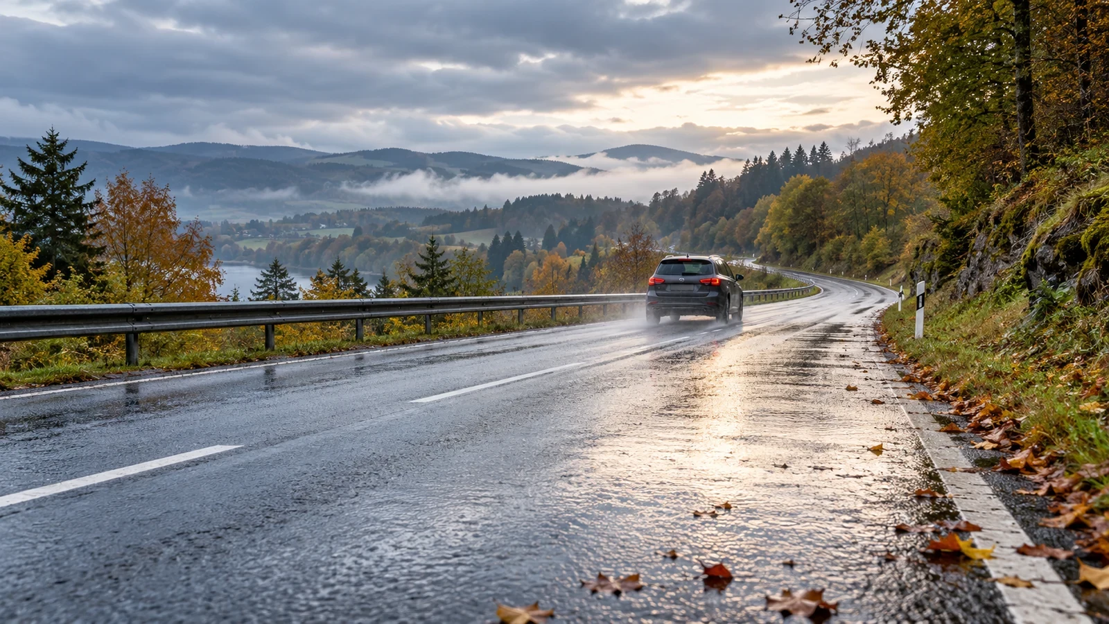 Car driving cautiously on a wet road after the first autumn rain
