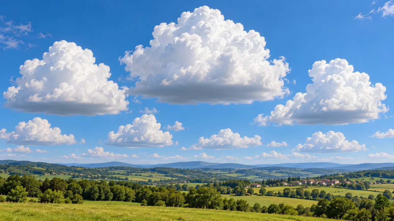 Nuages cumulus à base plate au-dessus d’un paysage rural