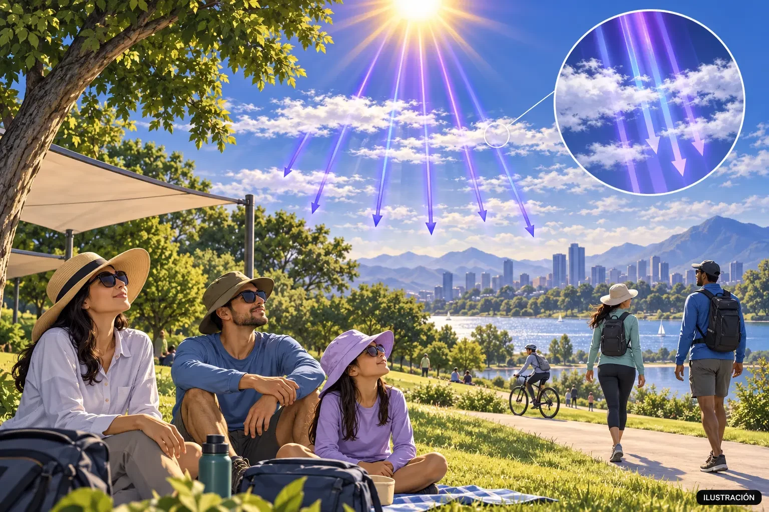 UV index illustration: sunlight passing through light cloud above people using sun protection outdoors