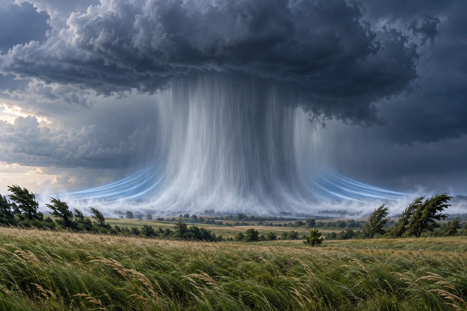 Illustration of a downburst with descending air spreading beneath a thunderstorm