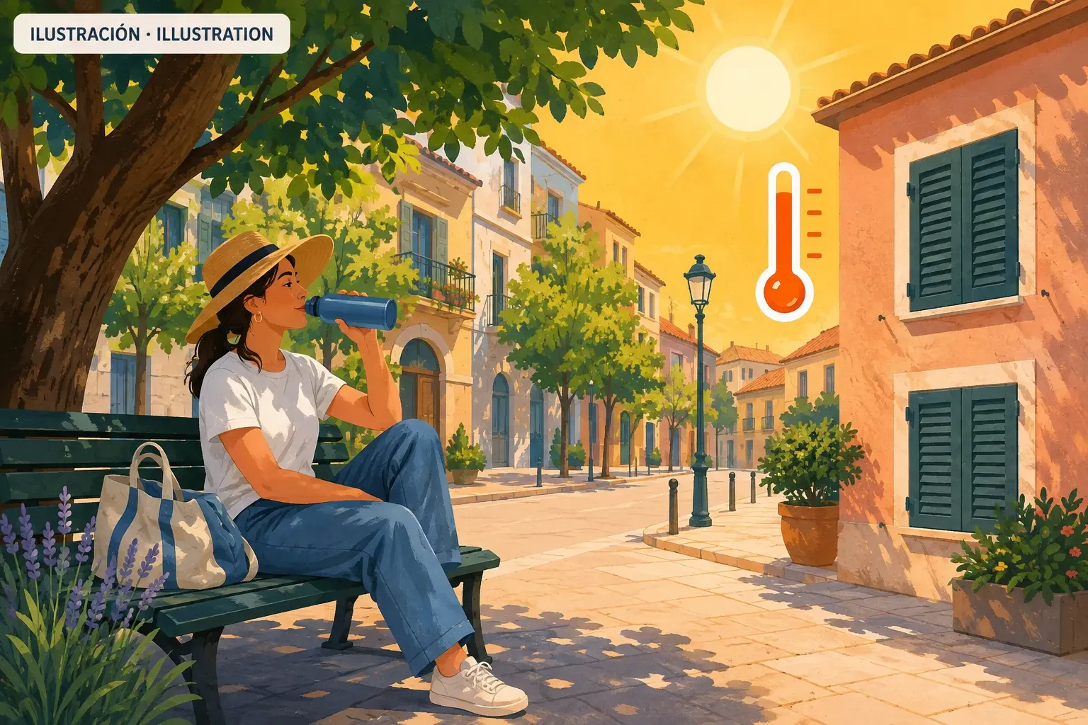 Illustratie over veiligheid bij extreme hitte: iemand drinkt water in de schaduw in een zonnige straat