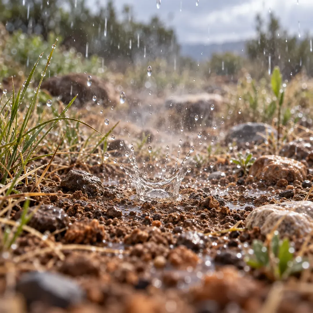 First raindrops striking dry soil and releasing petrichor
