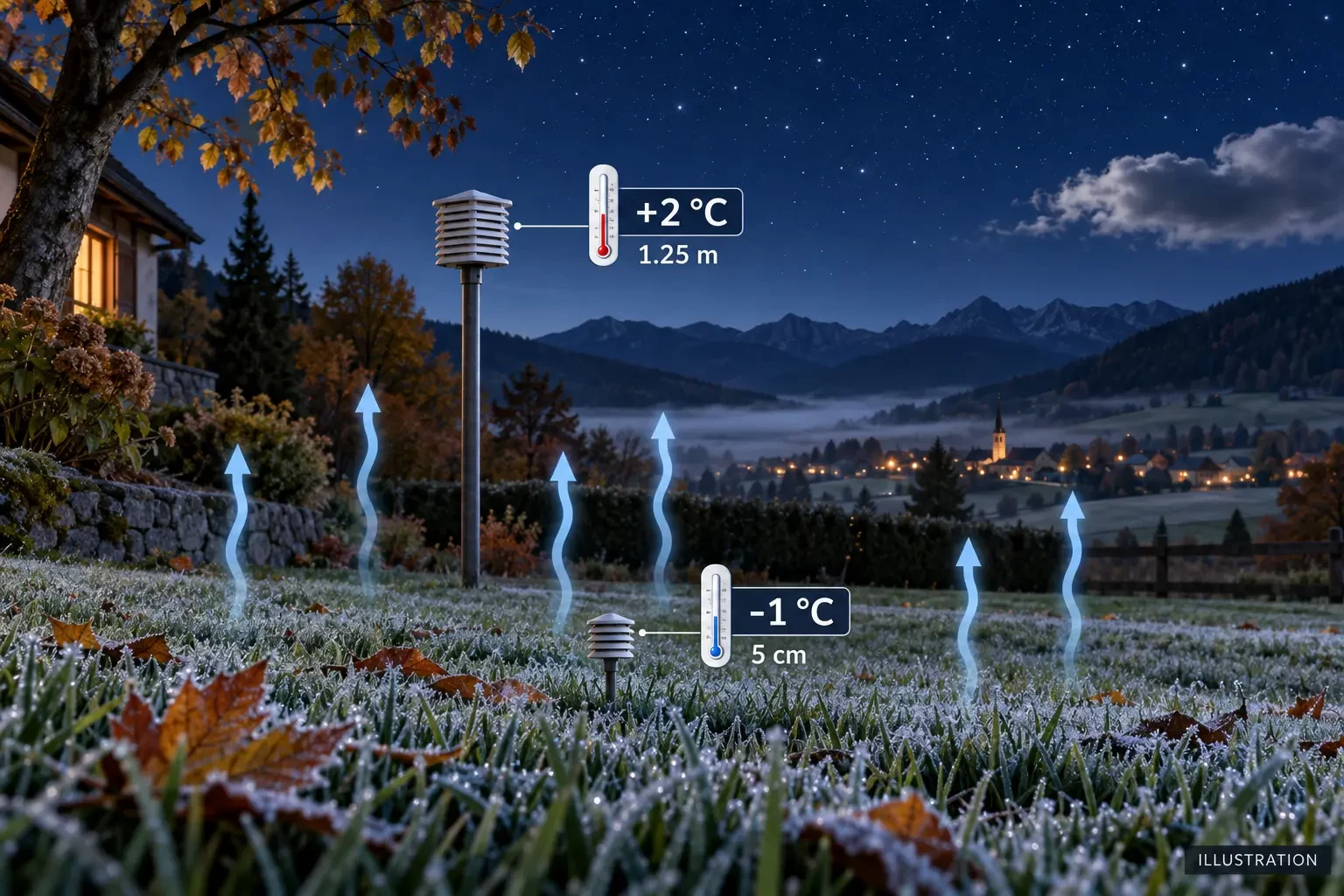 Illustration comparant une gelée au sol à -1 °C et un air à +2 °C par nuit claire