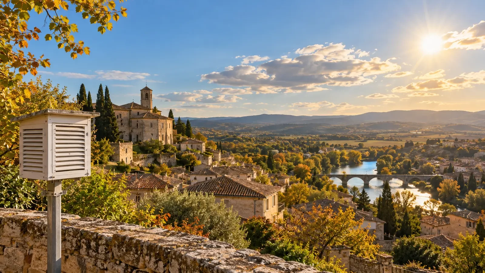 Paesaggio europeo nella luce pomeridiana accanto a una capannina meteorologica