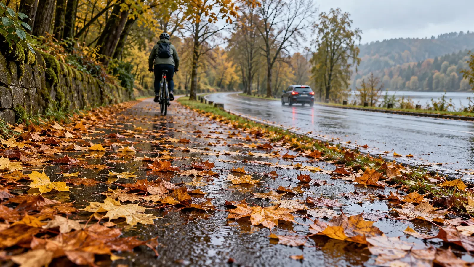 Nasses Herbstlaub auf einem Weg und einer Straße nach Regen