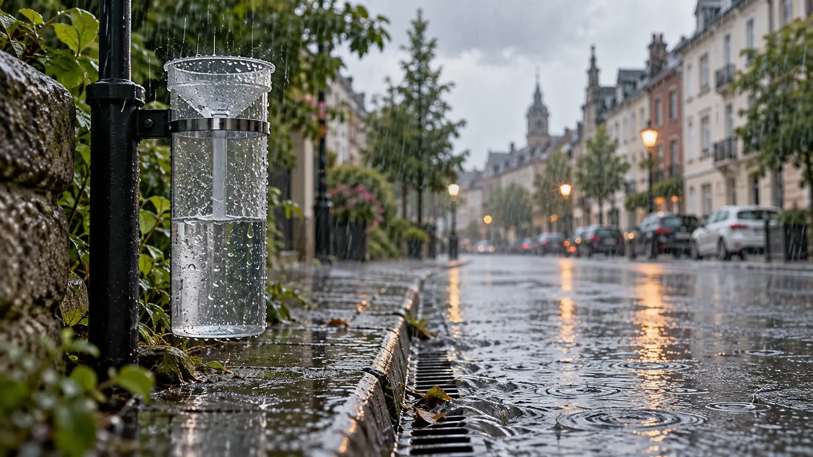 Pluviomètre recueillant la pluie dans une rue urbaine mouillée