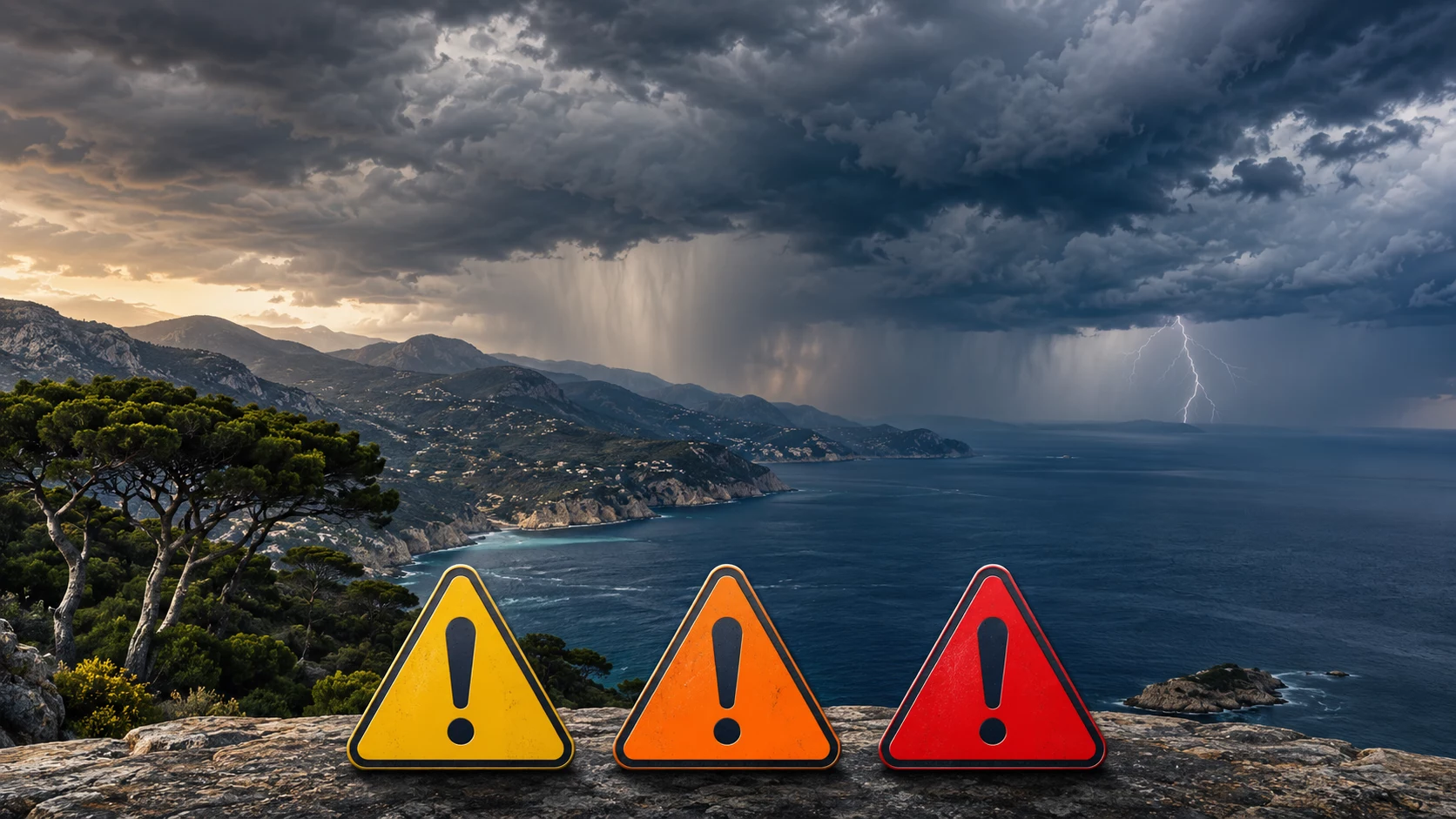 Illustration de panneaux d’avertissement jaune, orange et rouge devant un orage sur la côte.