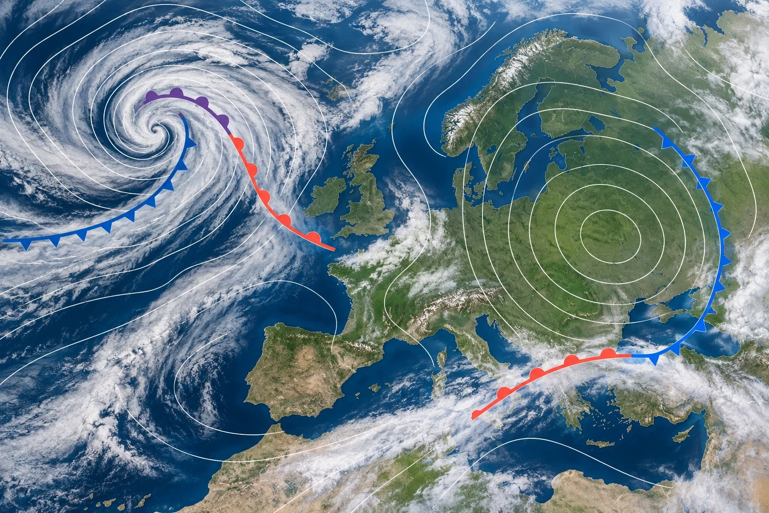Illustration d’une carte synoptique européenne avec isobares, fronts et systèmes de pression
