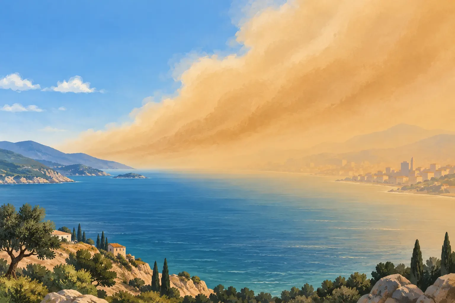 Illustratie van Saharastof dat het zicht boven een mediterrane kust vermindert