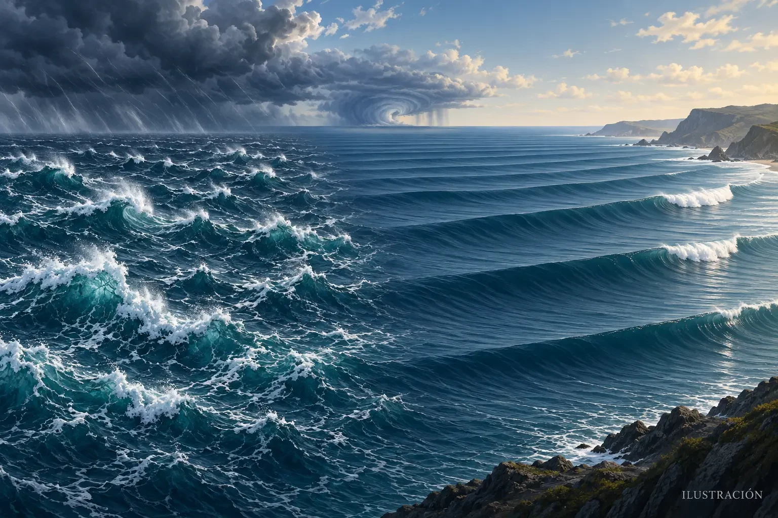 Illustrazione che confronta il mare di vento corto e irregolare con l'onda lunga e ordinata proveniente da una tempesta lontana