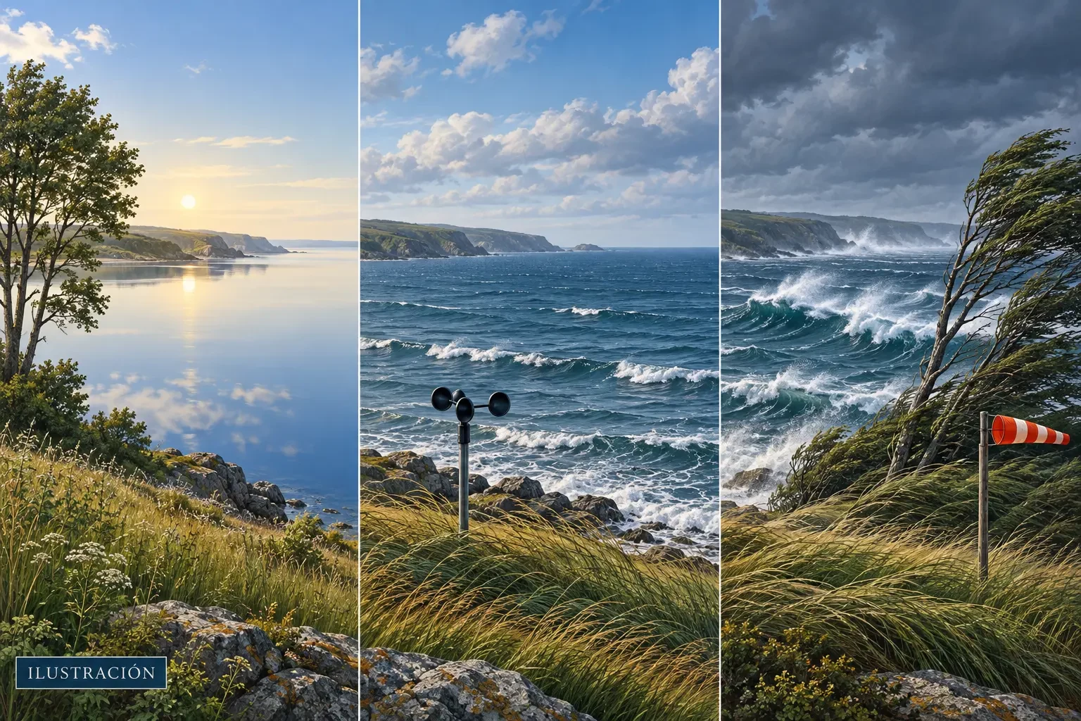 Comparative illustration of the Beaufort scale: calm sea, moderate breeze and gale with waves, bending trees and an anemometer.