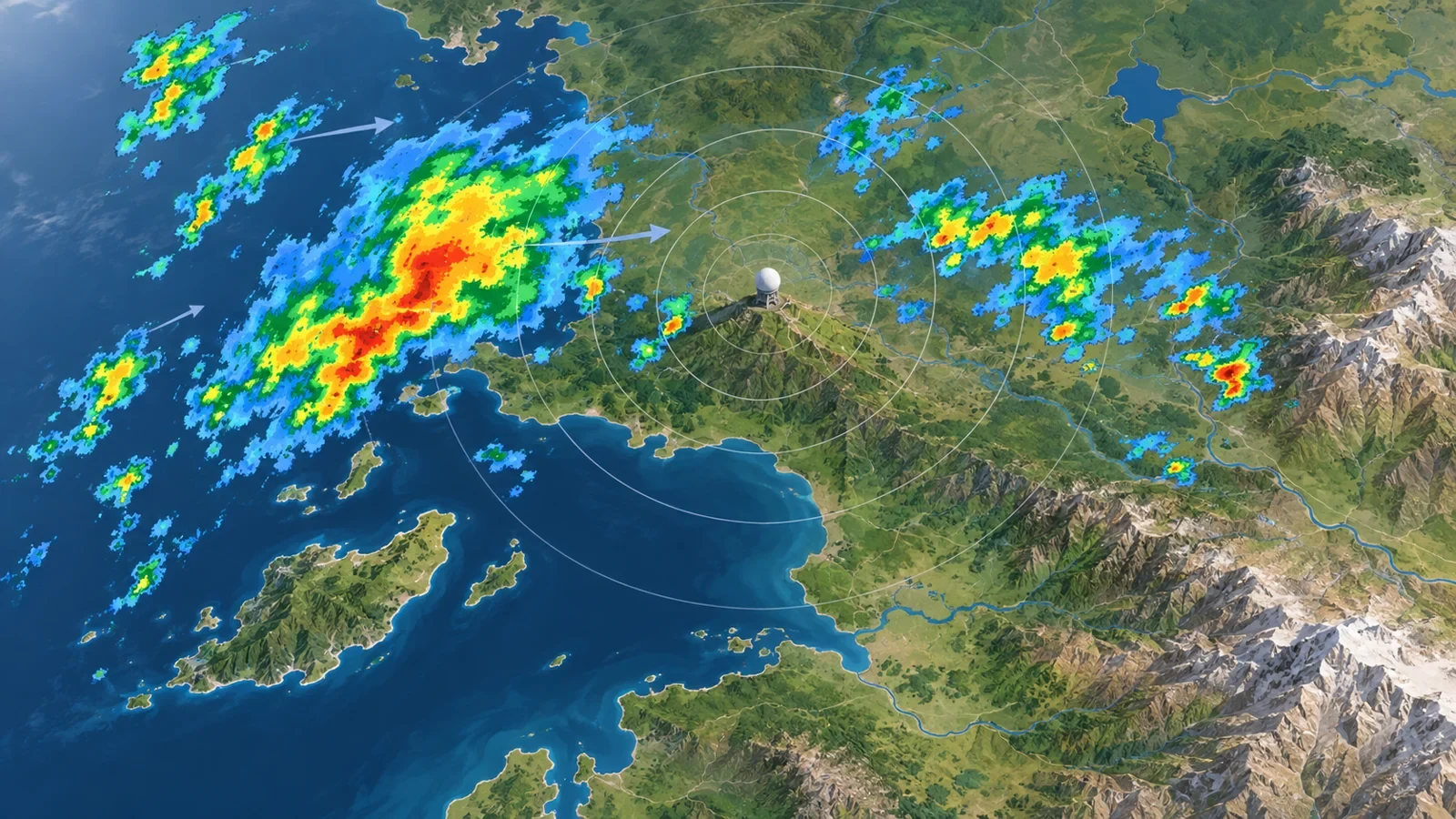 Illustrazione di un radar meteorologico che osserva aree di precipitazione su una mappa