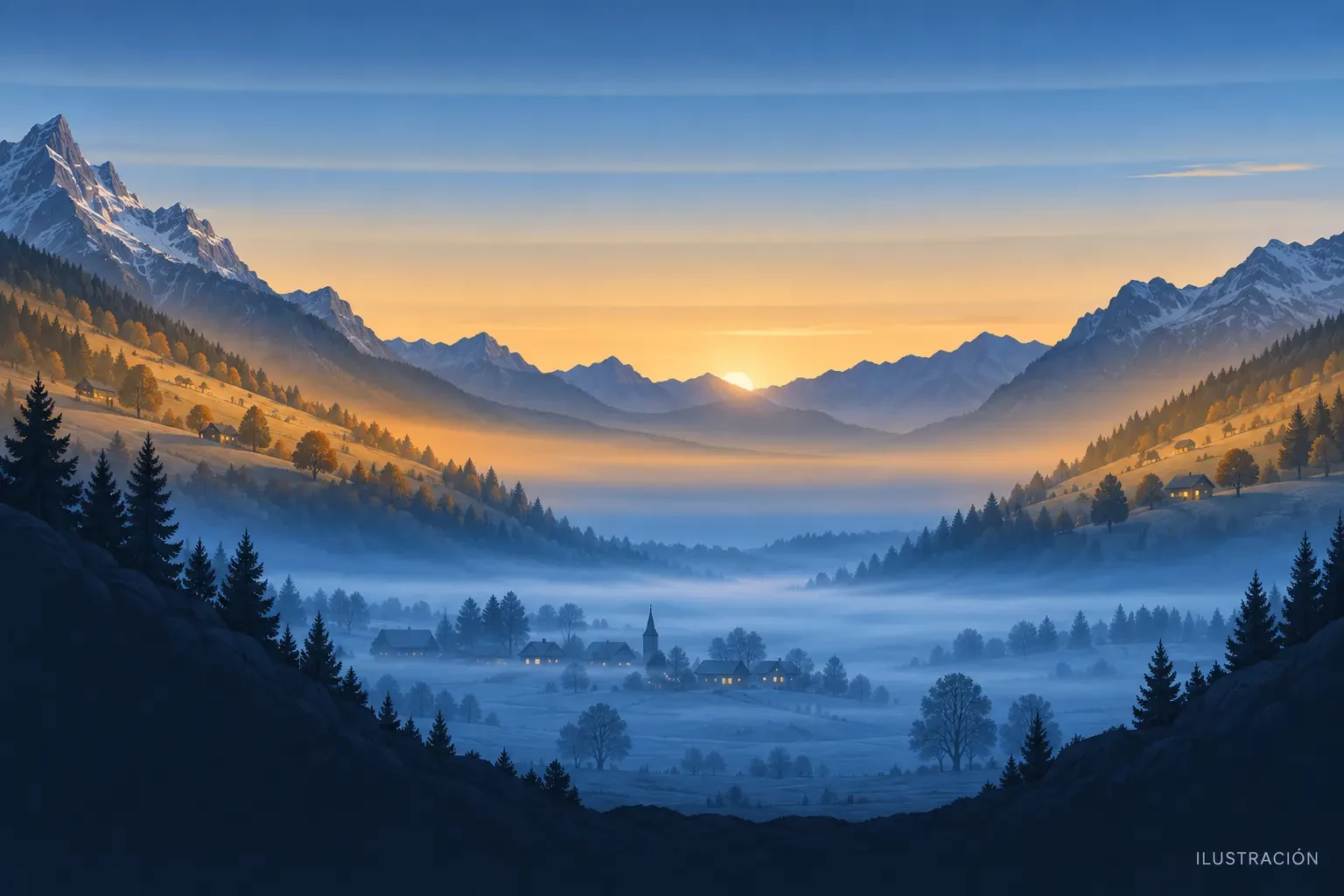 Illustration of a temperature inversion with cold air and fog pooled in a valley and milder air on the slopes