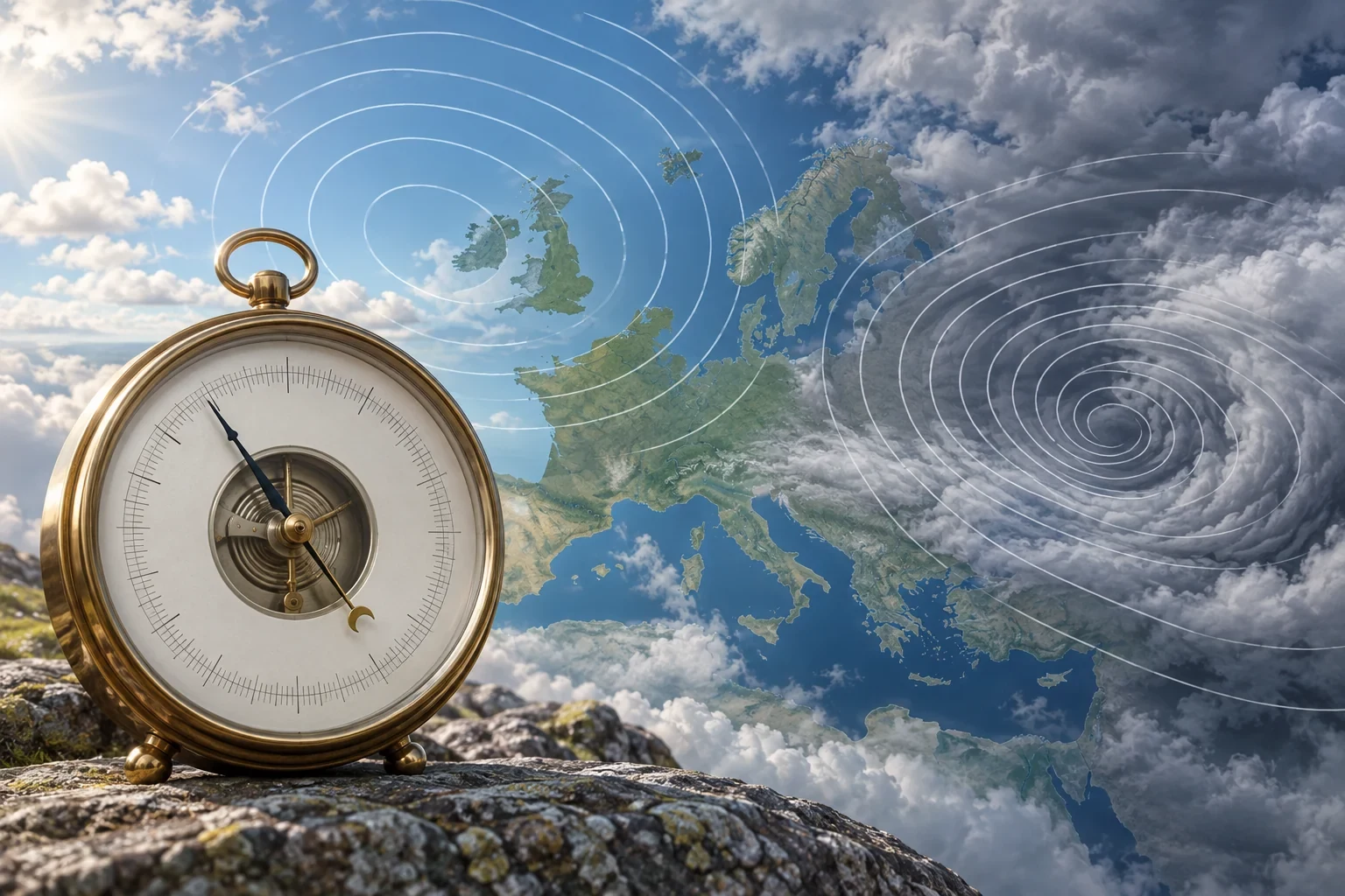 Illustration of a barometer and a map of Europe with isobars, high and low pressure