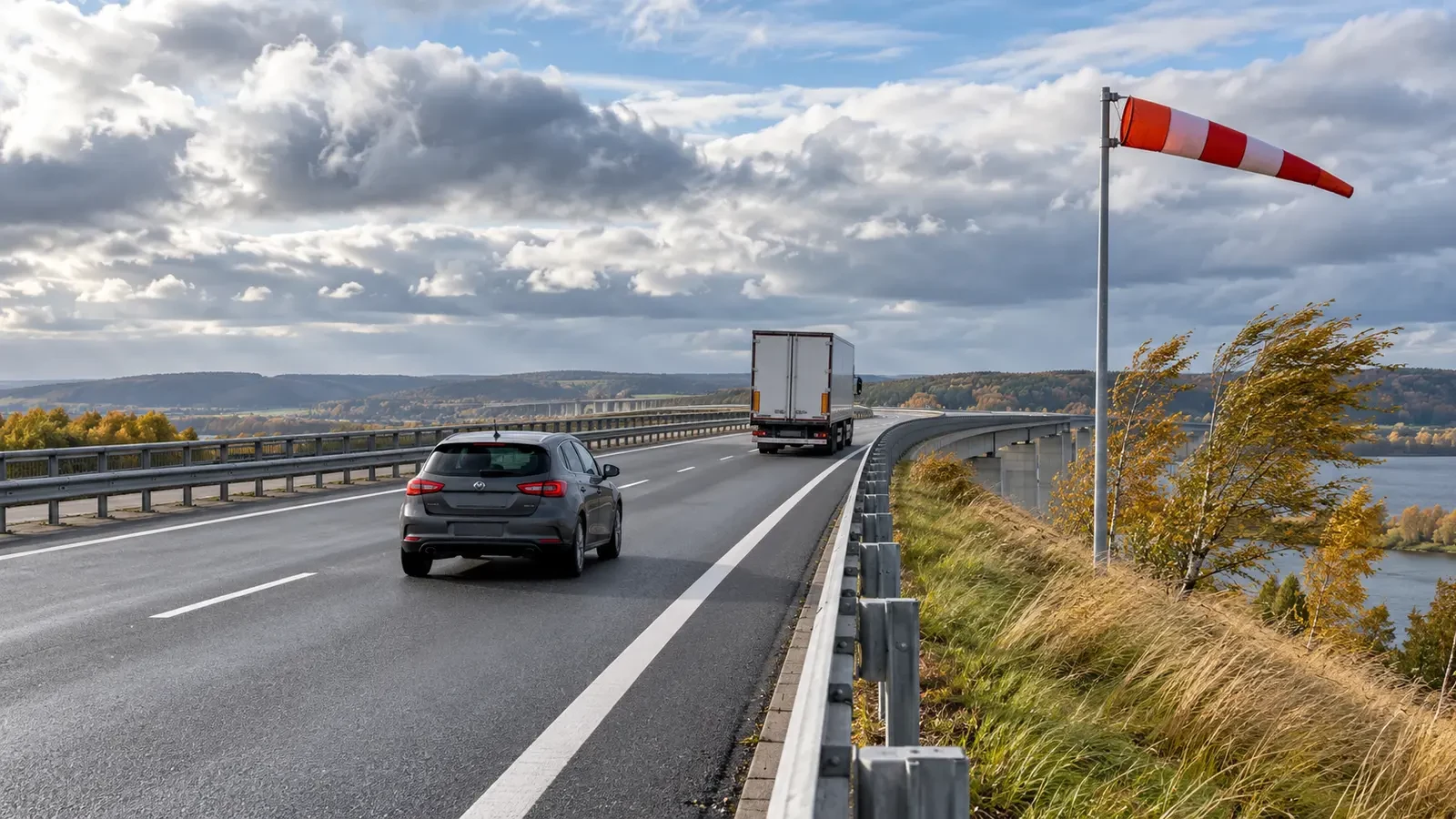 Car and lorry crossing a viaduct in strong crosswinds