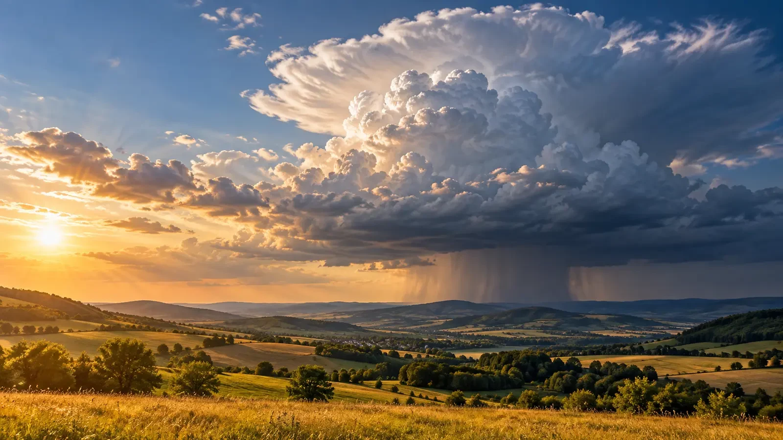 Hochreichendes Gewitter, das sich am Nachmittag über einer ländlichen Landschaft entwickelt