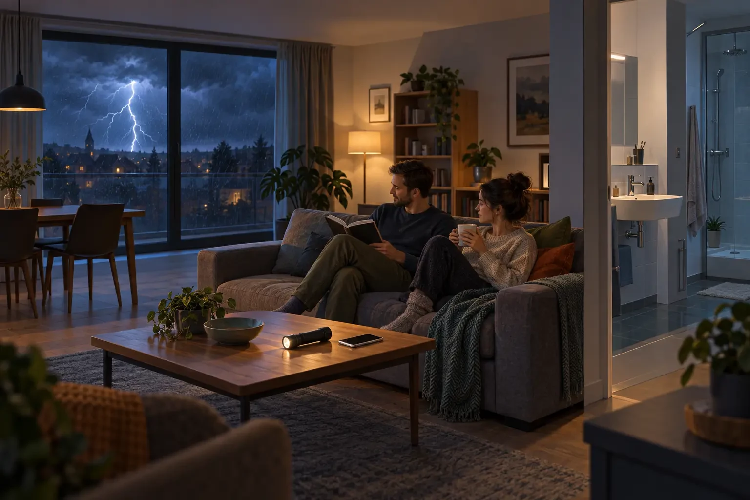 Couple sheltering at home during a thunderstorm, away from windows and plumbing