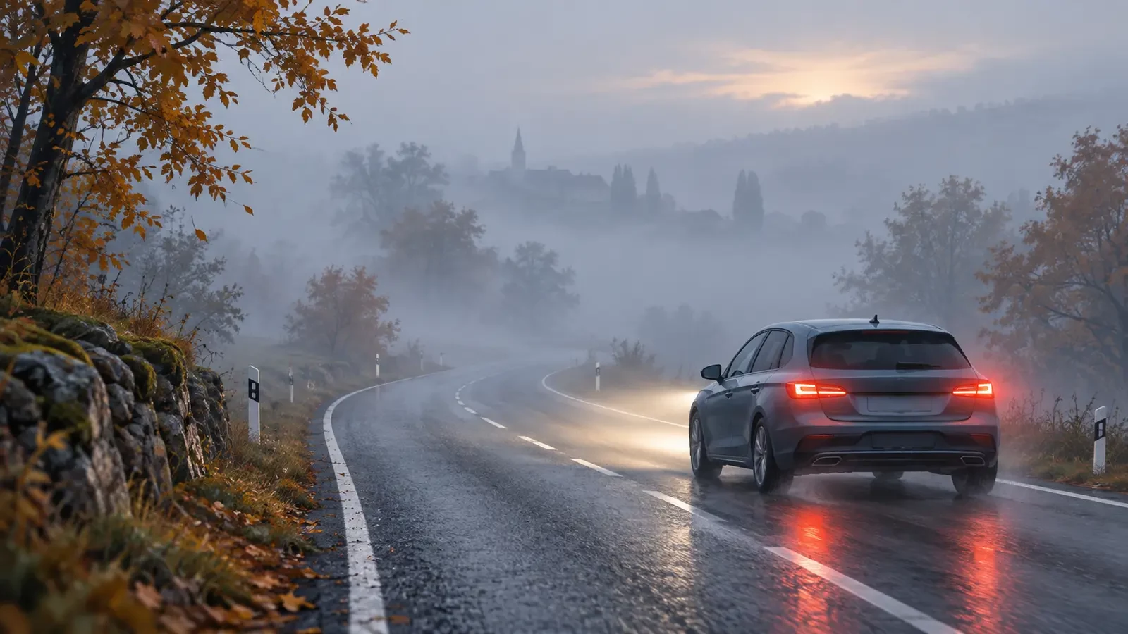 Car driving cautiously on a rural road in dense fog