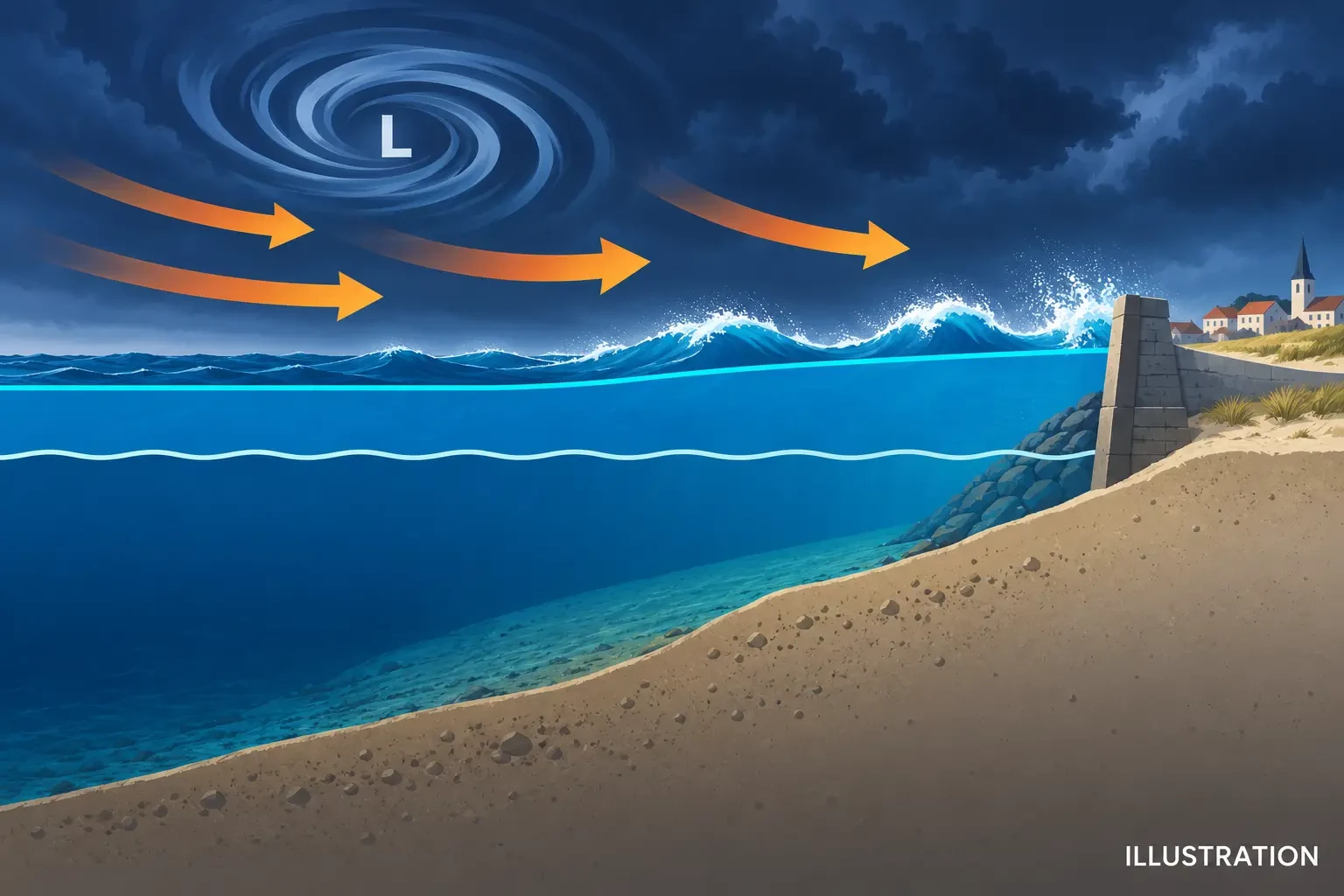 Illustrazione di una marea meteorologica: il vento spinge l’acqua verso costa e la bassa pressione alza il livello marino oltre la marea astronomica.