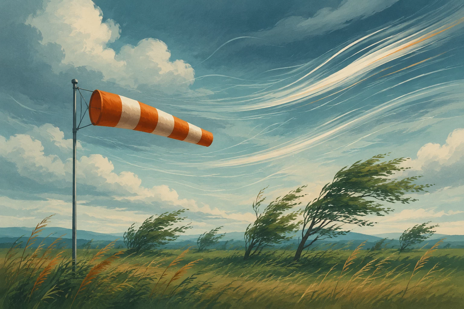 Illustration of a windsock and bending trees, with flowing strokes representing wind gusts.