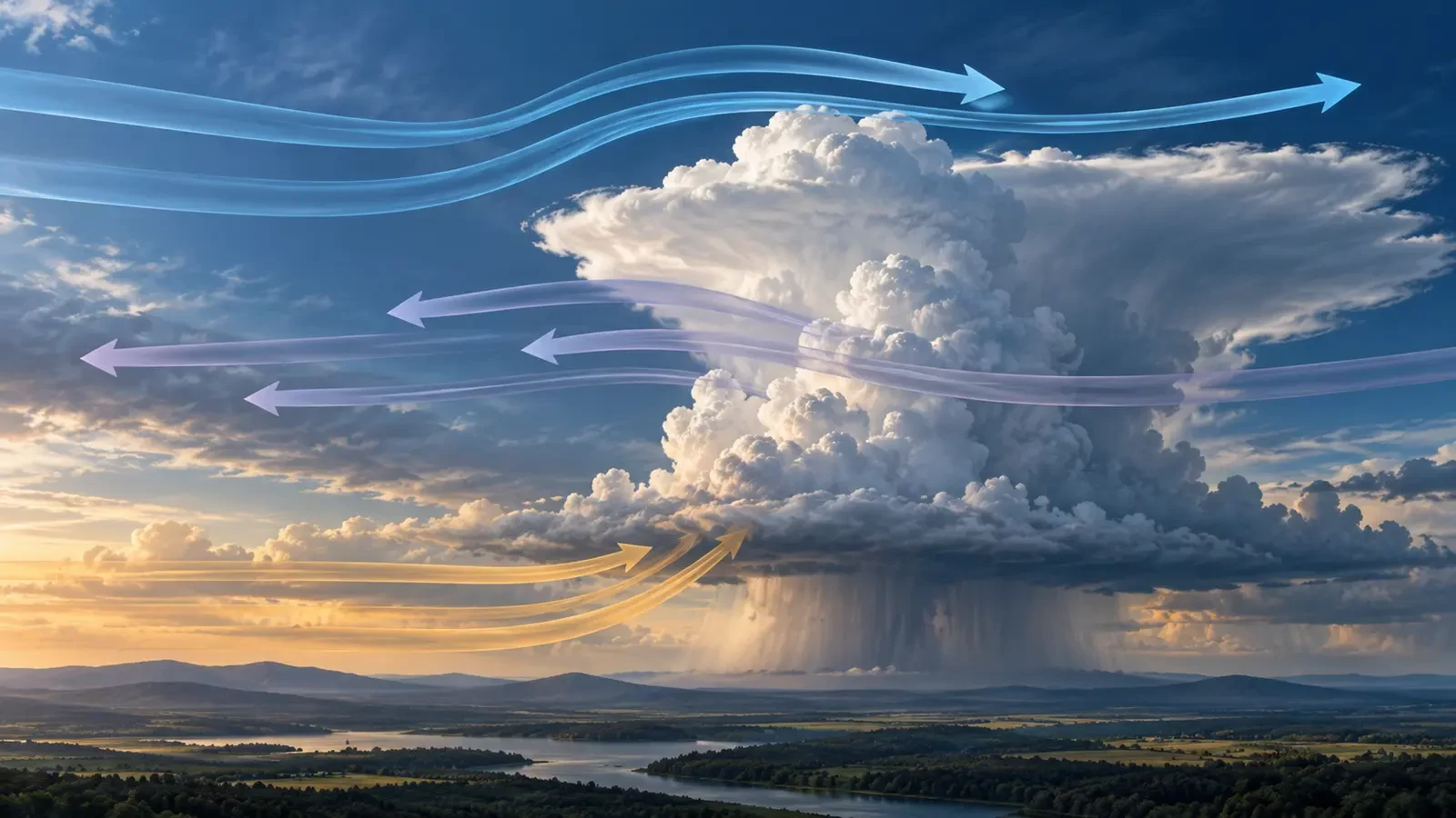 Illustration météorologique d’un orage avec des couches de vent changeant de direction et de vitesse
