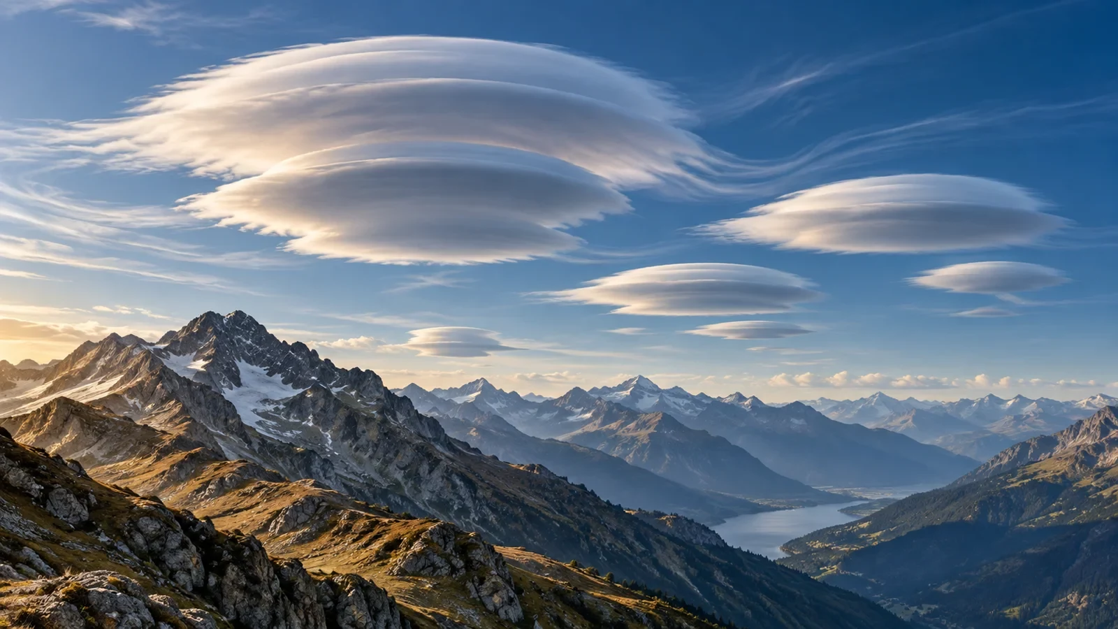 Ilustración de nubes lenticulares apiladas sobre una cordillera