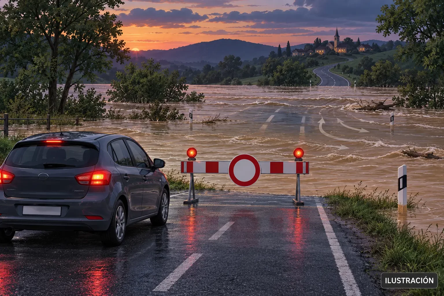 Illustration eines Autos, das vor einer überfluteten und gesperrten Straße anhält