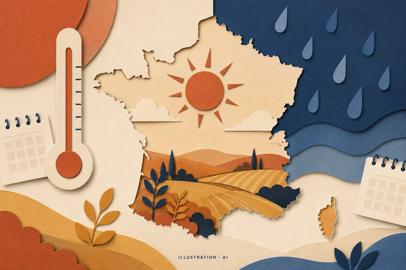 Ilustración de Francia y Córcega con sol, termómetro y campos, para explicar el balance climático del verano de 2026; no es una fotografía.