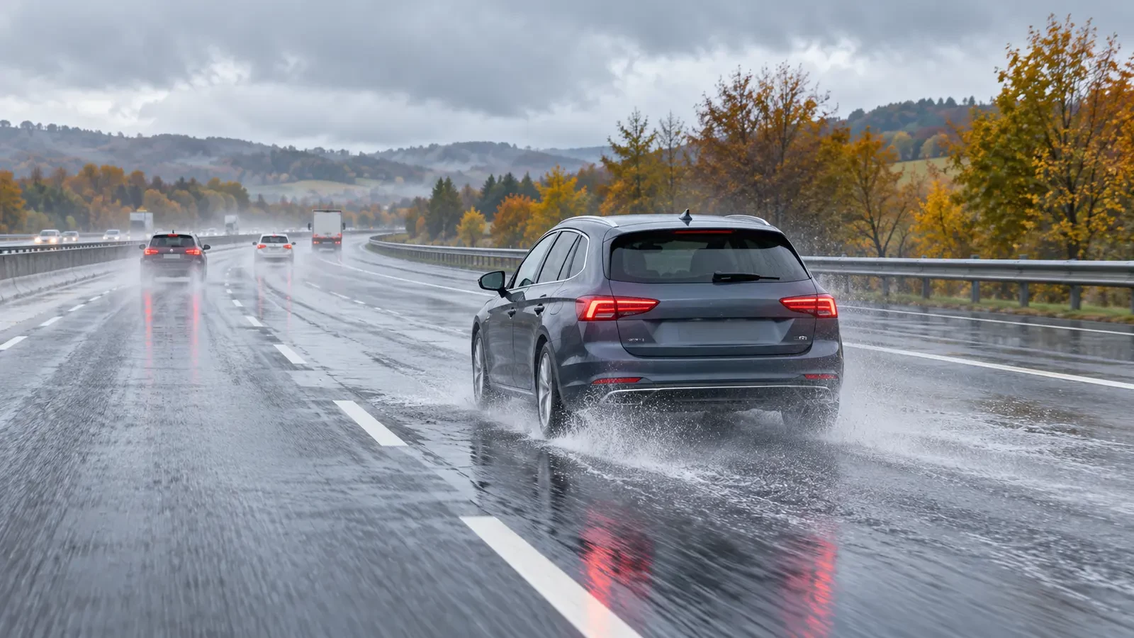 Auto su strada bagnata con acqua stagnante e rischio di aquaplaning