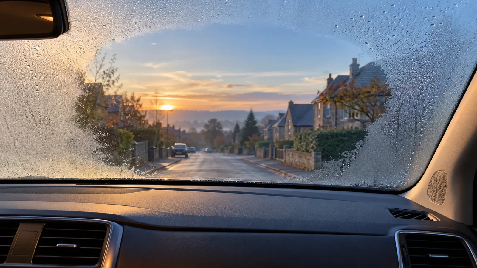 Beslagen voorruit gedeeltelijk vrijgemaakt bij zonsopkomst